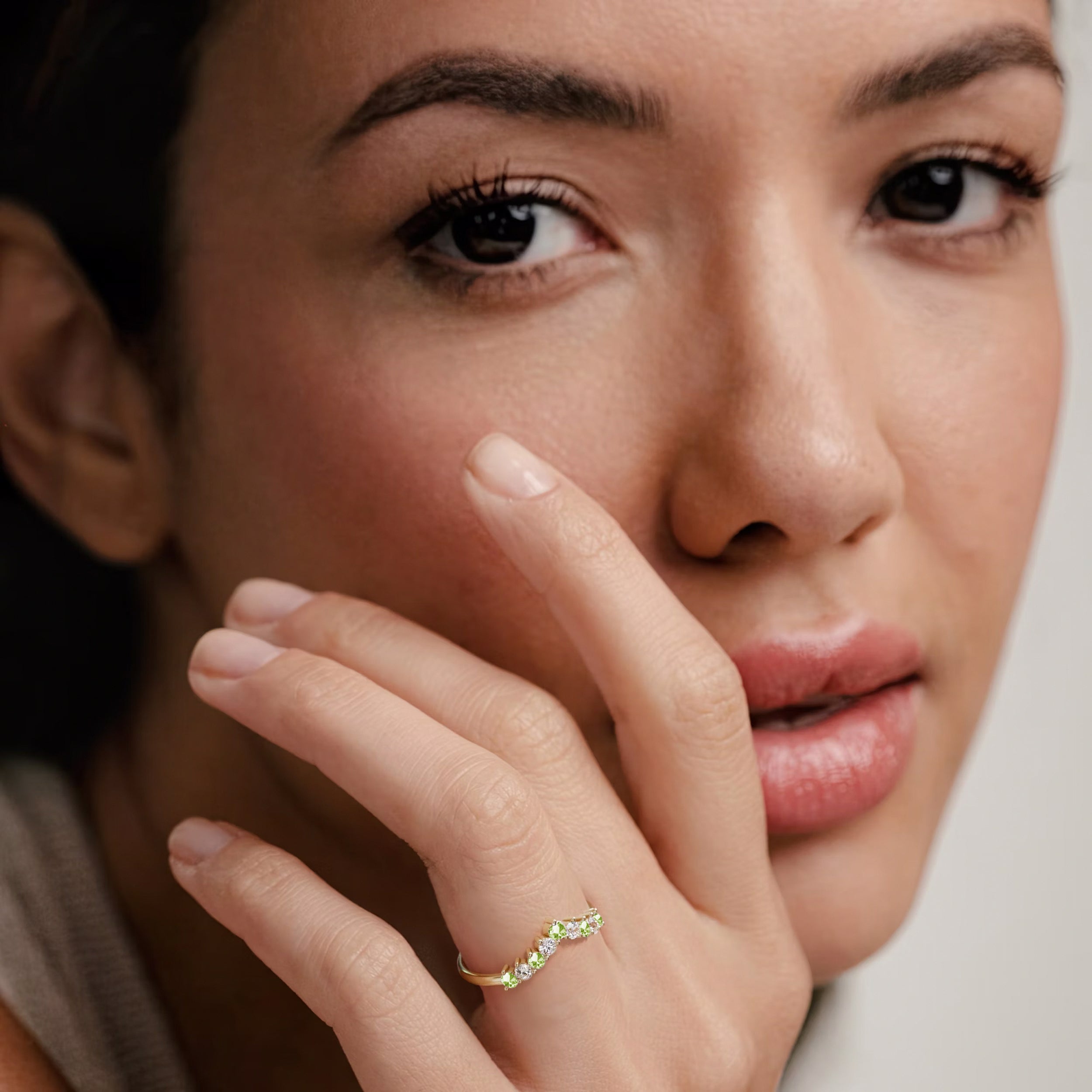 Peridot and Lab Diamond Wishbone Ring in 9K Yellow Gold